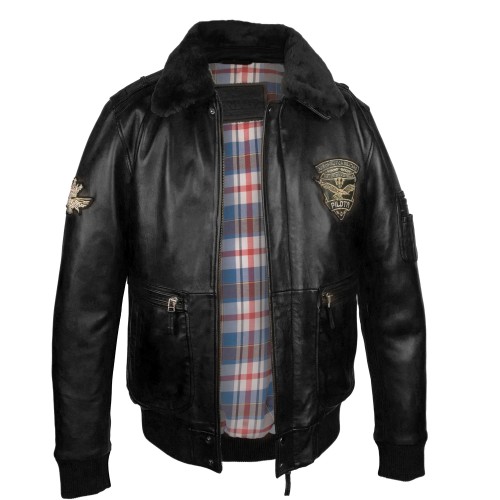 Leather jacket with aviator-style patches with detachable collar