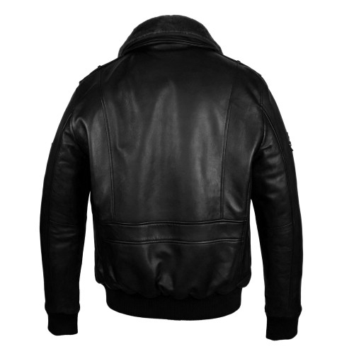 Leather jacket with aviator-style patches with detachable collar