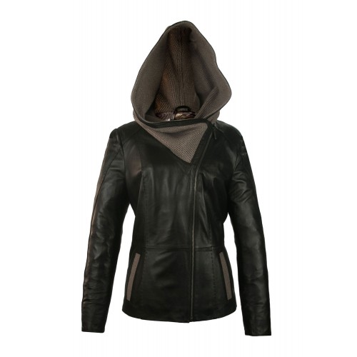 Leather jacket with wool hood